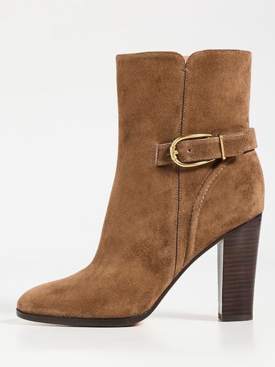 Veronica Beard Shoes - Veronica Beard Suede Ankle Boot in Chestnut with Gold Buckle